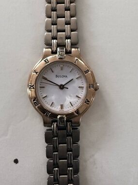 Bulova Two-Tone Women’s Watch with White Dial and Gold Bezel